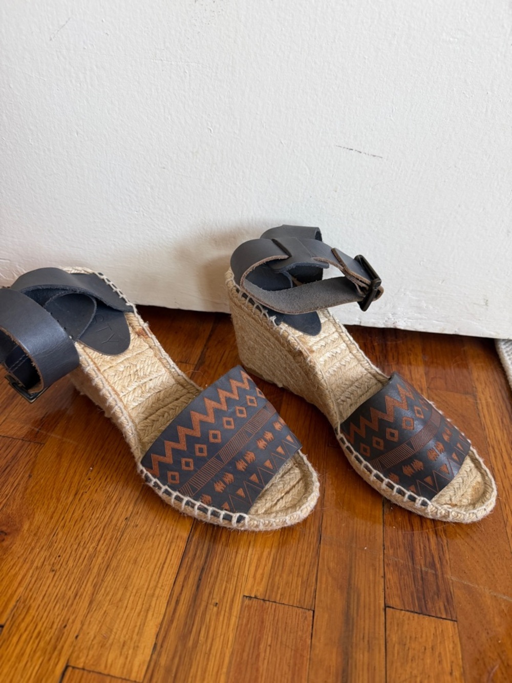 Anthropologie Howsty Black and Brown Geometric Espadrille Wedge Sandals
